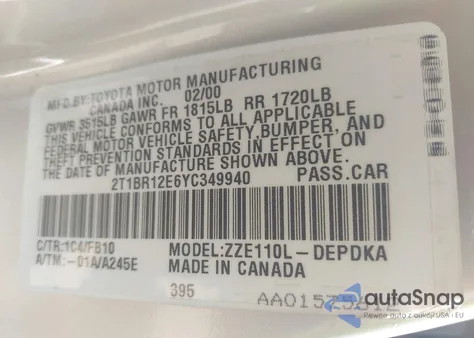 2000 Toyota Corolla Ce из США, поврежденный, VIN 2T1BR12E6YC349940